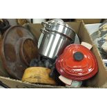 Three boxes of various kitchenalia to include treenware bowls, storage jars, place mats,