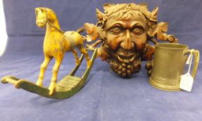 A collection of various treenware including a miniature painted rocking horse,