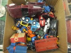 Four boxes of various toys to include Dinky, Lady Penelope Fab 1, various other Dinky, Meccano, etc,