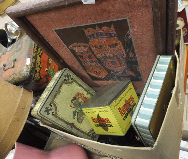 A box of "old" brown bottles various, four Chinese oil face studies, box of commemorative mugs,