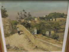 ALAN STENHOUSE GOURLEY "Mediterranean scene with figure walking on path and village and trees with