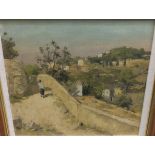 ALAN STENHOUSE GOURLEY "Mediterranean scene with figure walking on path and village and trees with