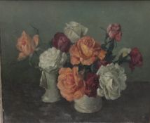 L K "Still life study of roses in a vases", oil on canvas,