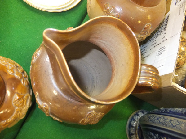 Three 19th Century stoneware harvest jugs CONDITION REPORTS All three have chips to - Image 4 of 10