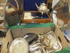 A box of assorted plated wares to include large meat tray, Elkington teapot, sandwich servers,