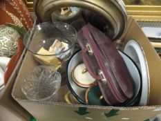 Two boxes of various pottery, glassware, bread bin, boules set,