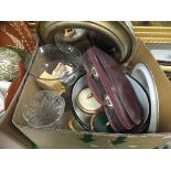 Two boxes of various pottery, glassware, bread bin, boules set,