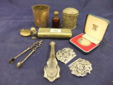 A collection of small silver and white metal wares, to include plain beaker (Chester 1893 by SS),