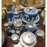 A collection of Wedgwood blue Jasper ware to include stilton dome and stand, biscuit barrel,