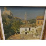 ALAN STENHOUSE GOURLEY "Mediterranean village scene with houses in foreground and churches beyond",