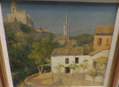ALAN STENHOUSE GOURLEY "Mediterranean village scene with houses in foreground and churches beyond",