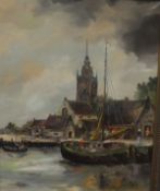 DUTCH SCHOOL "Dock scene with church in background", oil on canvas,
