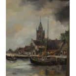 DUTCH SCHOOL "Dock scene with church in background", oil on canvas,