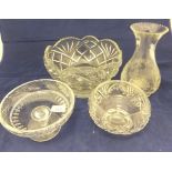 Three various cut glass decanters, various bowls, jugs, vases,