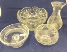 Three various cut glass decanters, various bowls, jugs, vases,