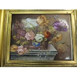 An early 19th Century rectangular ceramic tile painted with a basket containing flowers,