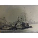 S CARDEW "Moored boat outside Tower Bridge", watercolour, signed and dated '89 lower right,