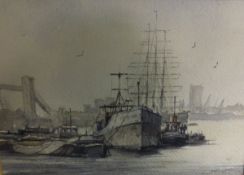 S CARDEW "Moored boat outside Tower Bridge", watercolour, signed and dated '89 lower right,