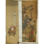 Three early 20th Century Oriental scroll wall hangings painted on fabric and paper