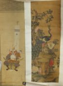 Three early 20th Century Oriental scroll wall hangings painted on fabric and paper