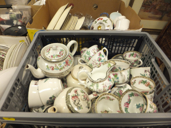 Two boxes of various Copeland and other "Indian Tree" pattern dinner wares and tea wares,