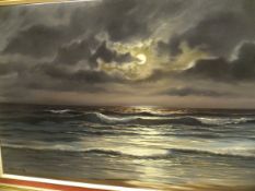 A BEARDSLEY "Moonlit seascape", oil on canvas,