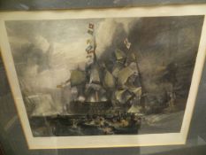 AFTER J M W TURNER "The Battle of Trafalgar", colour engraving by W.