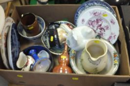 A box of assorted china wares, to include Masons "Mandalay" pattern jug,