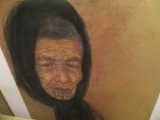 KRISTEN ZAMBUCKA "Old Maori Woman", a head and shoulders study, charcoal pastel,