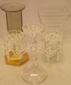 A cut glass three branch table lustre / candelabra,