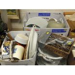 Two boxes of assorted china and glassware, together with two Le Creuset saucepans,
