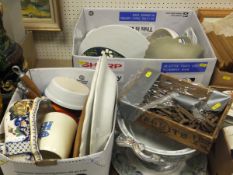 Two boxes of assorted china and glassware, together with two Le Creuset saucepans,