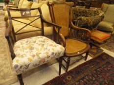 A Victorian walnut framed and caned salon chair on turned supports united by stretchers,