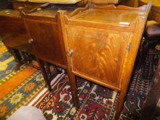 A pair of Edwardian mahogany tray top pot cupboards on square supports and a circa 1900 mahogany