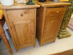 Two pine bedside cabinets with single drawer above cupboard door