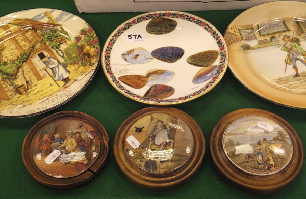 Three Prattware pot lids in wooden frames "Harbour of Hong Kong", "Hide and Seek",