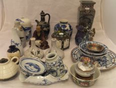 A collection of various Chinese and Japanese pottery and porcelain to include two Ming style deep