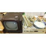 A bakelite "Bush Radio Television Receiver Type TV22" and a box of assorted china,