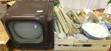 A bakelite "Bush Radio Television Receiver Type TV22" and a box of assorted china,