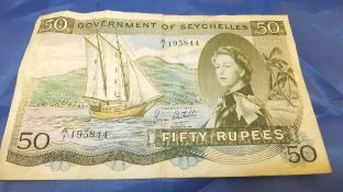 A rare Government of Seychelles 50 Rupee note, serial number AI195844, dated 1st August 1973,