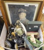 A box of miscellaneous items to include a Mamod steam engine, a collection of cigarette cards,