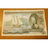 A rare Government of Seychelles 50 Rupee note, serial number AI067149, dated 1st October 1970,