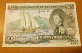 A rare Government of Seychelles 50 Rupee note, serial number AI067149, dated 1st October 1970,