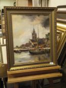 DUTCH SCHOOL "Dock scene with church in background", oil on canvas,