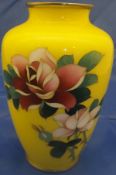 Japanese cloisonne vase with a yellow ground decorated with a rose spray