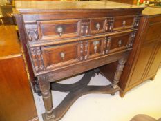 A 17th Century and later oak chest on stand, the top with various drawers,