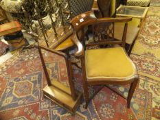 An Edwardian mahogany and inlaid corner chair and a mahogany pedestal occasional table,