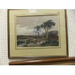 H C FOX "Cattle herder and herd watering in pond in a landscape", watercolour,