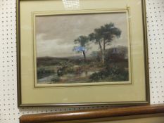 H C FOX "Cattle herder and herd watering in pond in a landscape", watercolour,