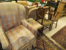 A 19th Century mahogany carver chair, a circa 1900 upholstered wing back chair,